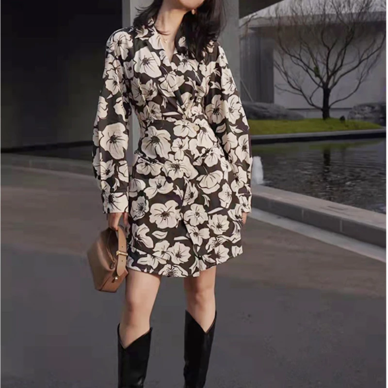 

Women's V-Neck Flower Print Long Sleeve Mini Dress 2023 Early Autumn New Ladies Elegant Slim Single Breasted Short Robe