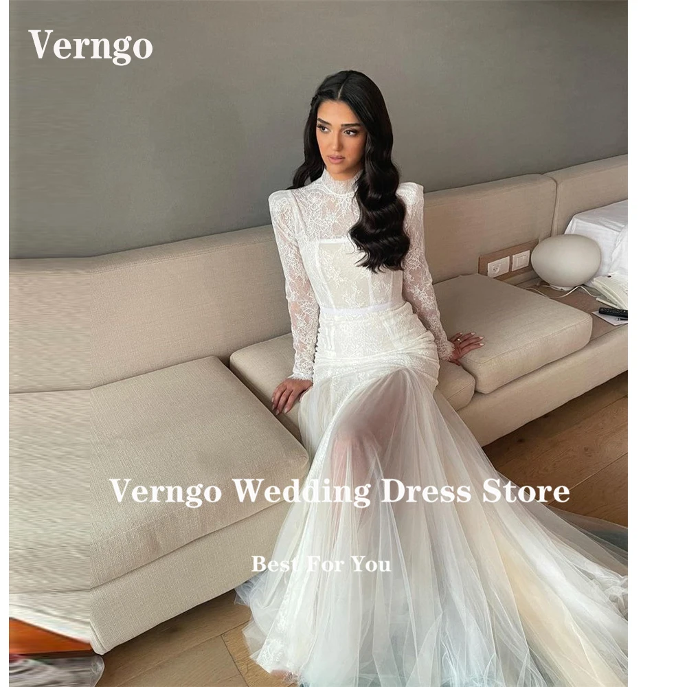 Verngo Elegant Mermaid Wedding Dresses Boho Lace And Tulle Long Sleeves High Neck Sweep Train Bridal Gowns Vestido de noiva