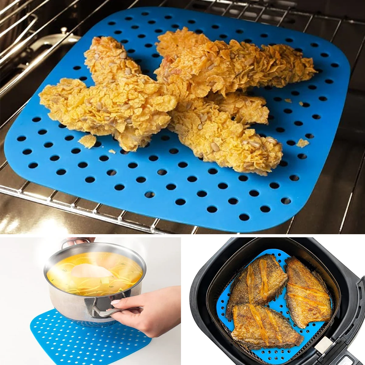 

3Pcs Air Fryer Mat Non-Stick Air Fryer Basket Mats Air Fryer Liners 8.5 Inch Square Silicone Reusable Kitchen Baking Accessories