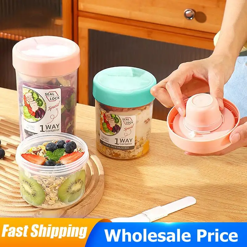 Breakfast Oatmeal Cereal Seal Salad Cup Portable Two-layers Cup Container With Spoon Lid Tuppers Food Taper Bowl Lunch Box