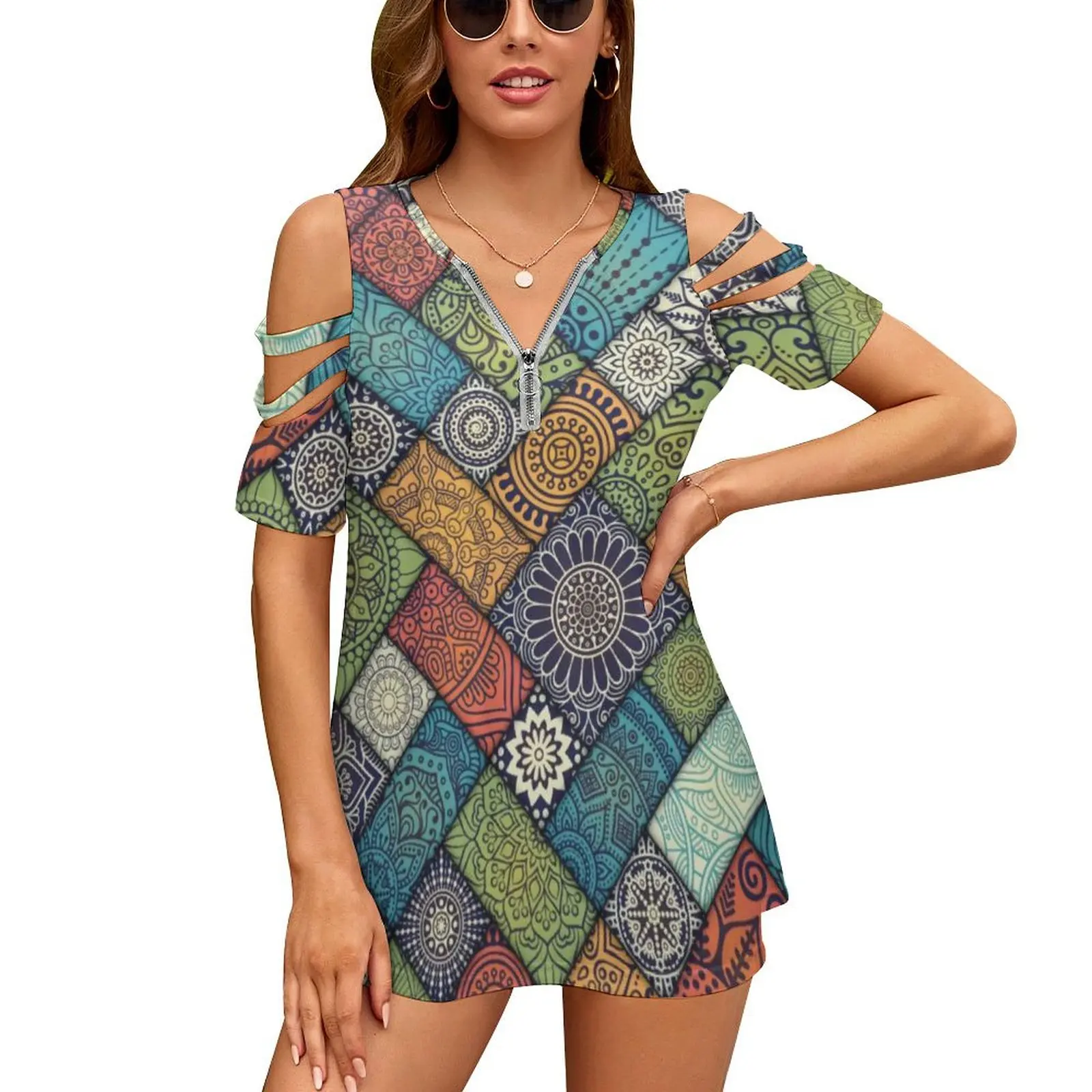 

Retro Mandala T-Shirt Elegant Diagonal Floral Off Shoulder Pretty T-Shirts Short Sleeve V Neck Casual Pattern Tshirt 3XL 4XL 5XL