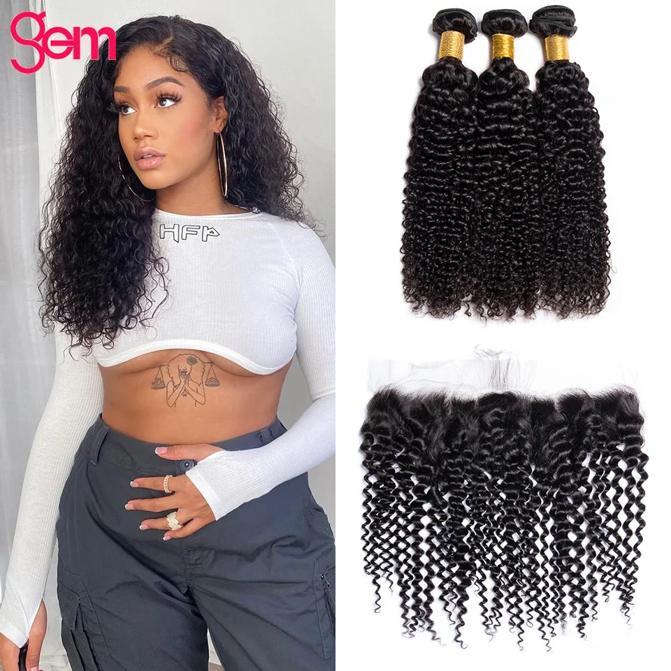 

Kinky curly Bundles With Closure Human Hair 30 Inch Virgin Brazilian Bundles With Frontal 13x4 HD Lace Natutal Hair Extensions