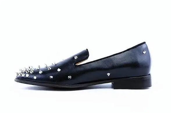 

Spring Full Sliver Spike Rivet Studed Black Genuine Leather Round Toe Flat Shoes Male Slip On Low Up Casual Loafers Size 46