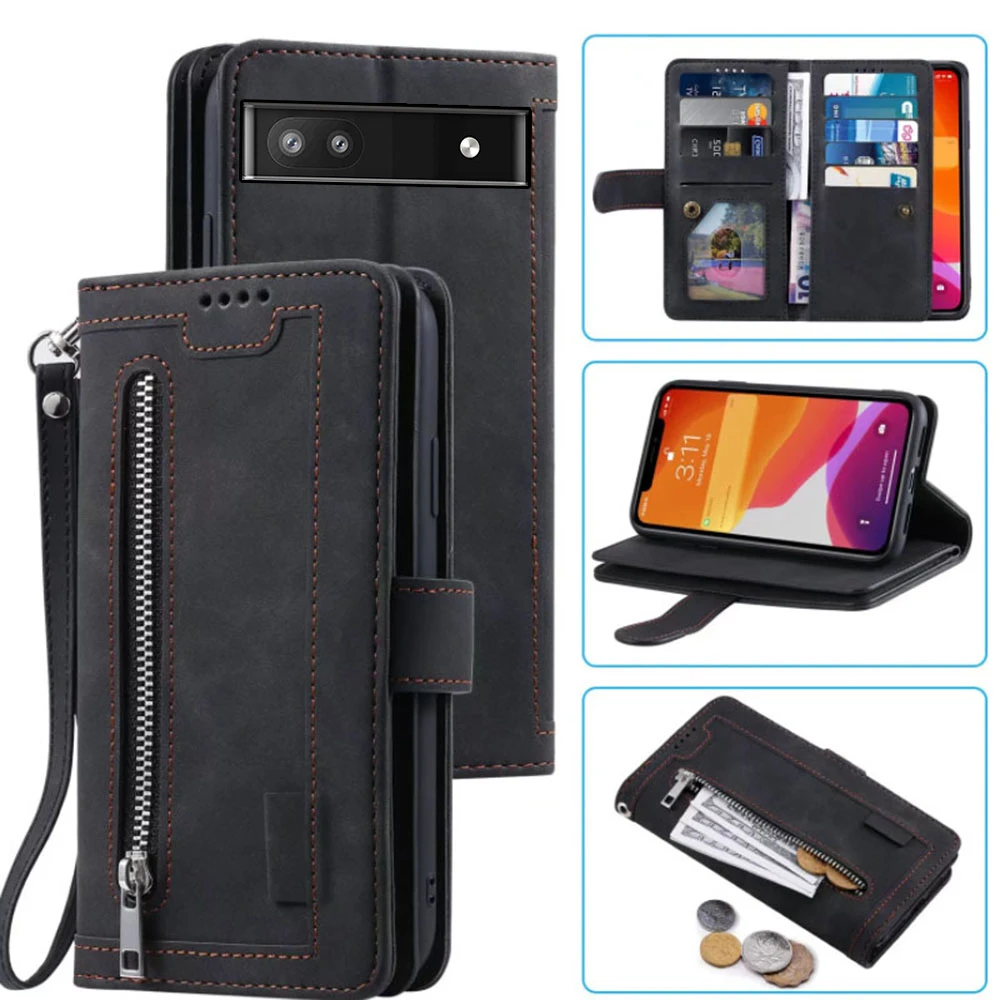

9 Cards Wallet Case For Google Pixel 6A Case Card Slot Zipper Flip Folio with Wrist Strap Carnival For Google Pixel 6a Cover