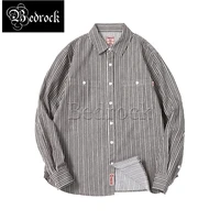 mbbcar 2022 new heavy thick grey striped shirt male amekaji one washed vintage pure cotton twill yarn dyed roving shirt 9196