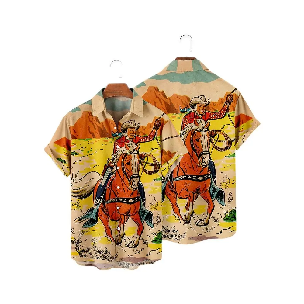

Vintage Men's Shirt Summer 3d Galloping Rancher Print Short Sleeve Top Beach Loose Casual Oversized Shirt Clothing For Men 5XL