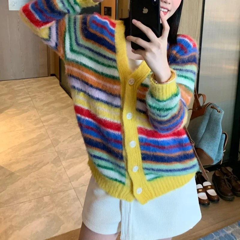 

JIAMI Mohair Striped Buttoned-up Women Cardigan V-Neck Fuzzy Multicolor Rainbow Color Sweater Autumn/winter New In Ribbed Cuffs