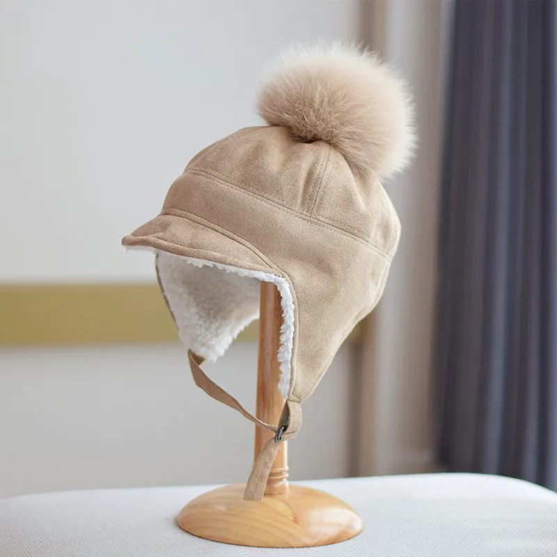 

Bomber Hat Earflap Women Winter Warm Fleece Lining Real Fur Pompom Cap Autumn Skiing Accessory For Teenagers Outdoors Luxury