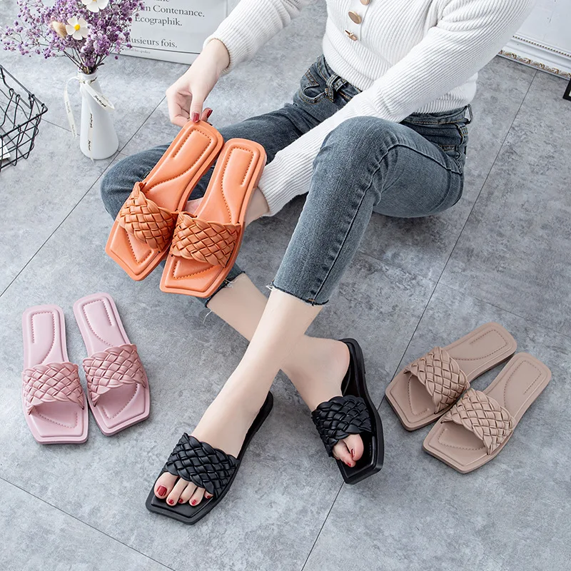 

2022 New Casual Slippers for Women Braided Belt Female Flat Sandals Peep Toe Women Beach Slippers Flip Flops Lazy Beach Shoes