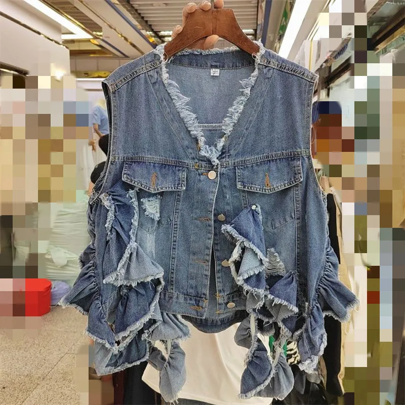 

Women Ruffles Patchwork Hole Denim Coats Spring And Autumn Sleeveless Casual Fashion Steeetwear V-Neck Jackets Outerwear