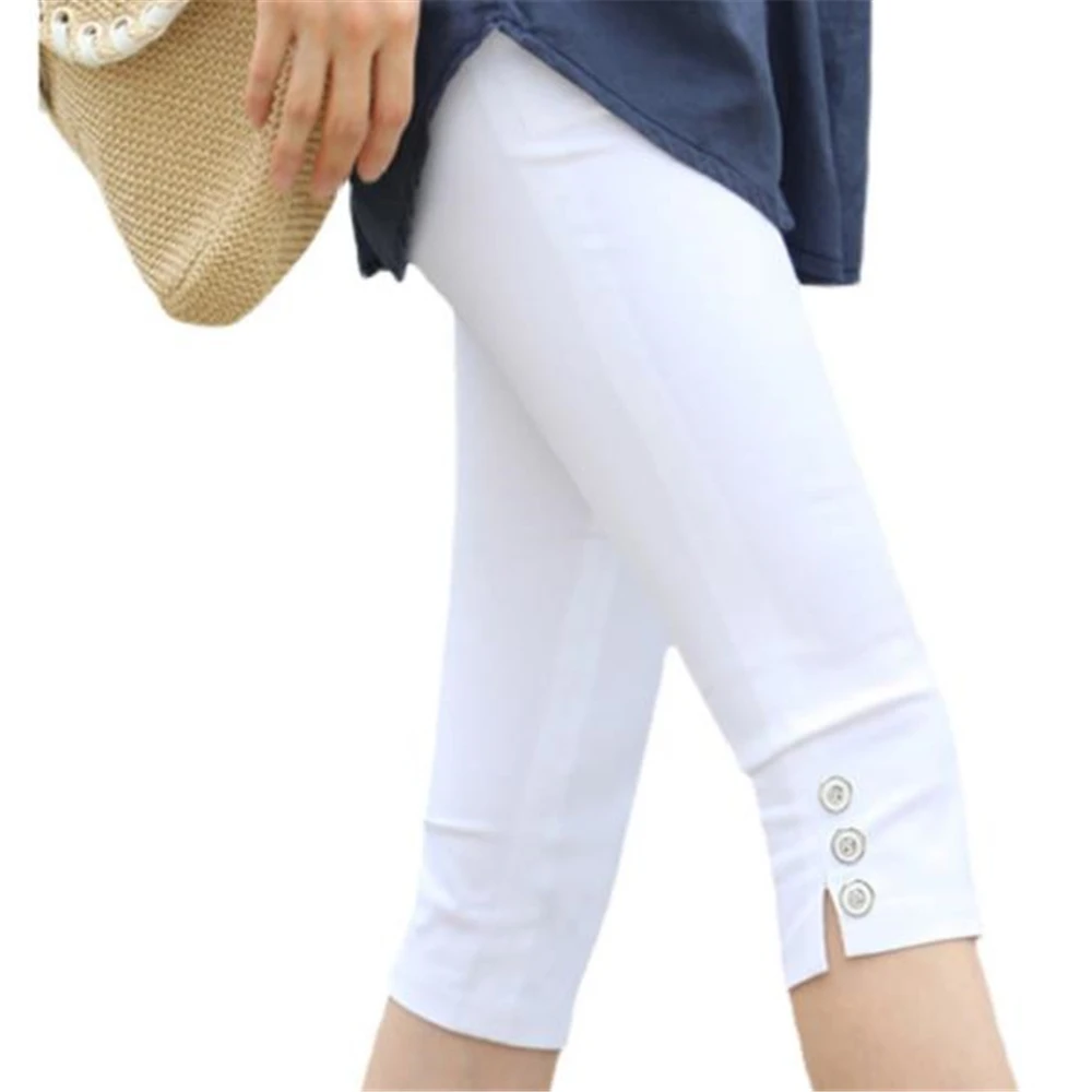 Women Summer Capris Knee Length Pants Thin Breathable Trousrs Ladies High Waist Elastic Elasticity Breeches Pantalons