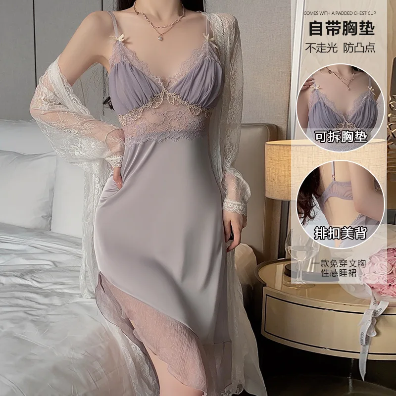 

Ruoruo Women's Summer Ice Silk Suit High-Grade Pure Desire Style Mesh plus Chest Pad Nightdress Outerwear Gown Loungewear Suit 3