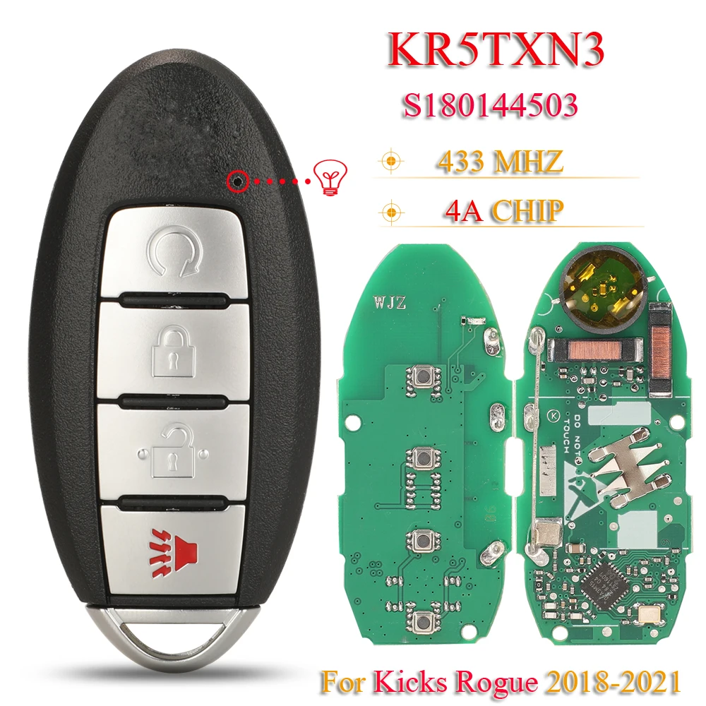 jingyuqin 4Buttons S180144503 KR5TXN3 Proximity Smart Key Fob 433MHz 4A Chip For Nissan Kicks Rogue 2018 2019 2020 2021 jingyuqin 4Buttons S180144503 KR5TXN3 Proximity Smart Key Fob 433MHz 4A Chip For Nissan Kicks Rogue 2018 2019 2020 2021