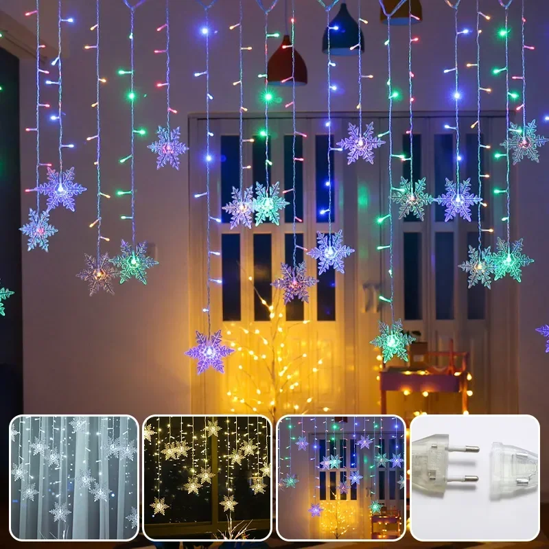 

3.8M Christmas Light Led Snowflake Curtain Icicle Fairy String Lights Outdoor Garland Home Party Garden 2023 New Year Decoration