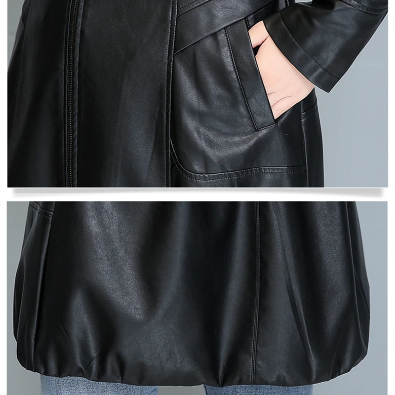 Women's Walker Mid-Length Leather Coat Office Casual Faux Leather Blazer Jackets Loose Suit Fit with Hood