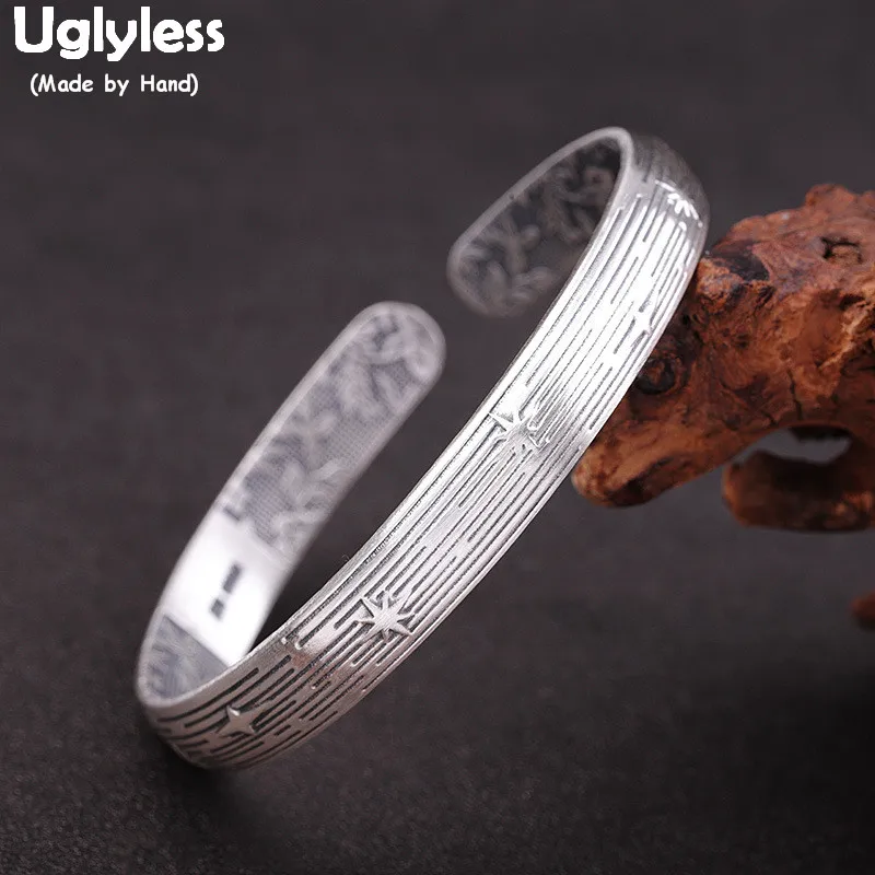 

Uglyless Inside Carved Leaves Silver Bangles for Women Solid 999 Full Silver 8MM Wide Open Bangles Shinning Stars Jewelry BA749