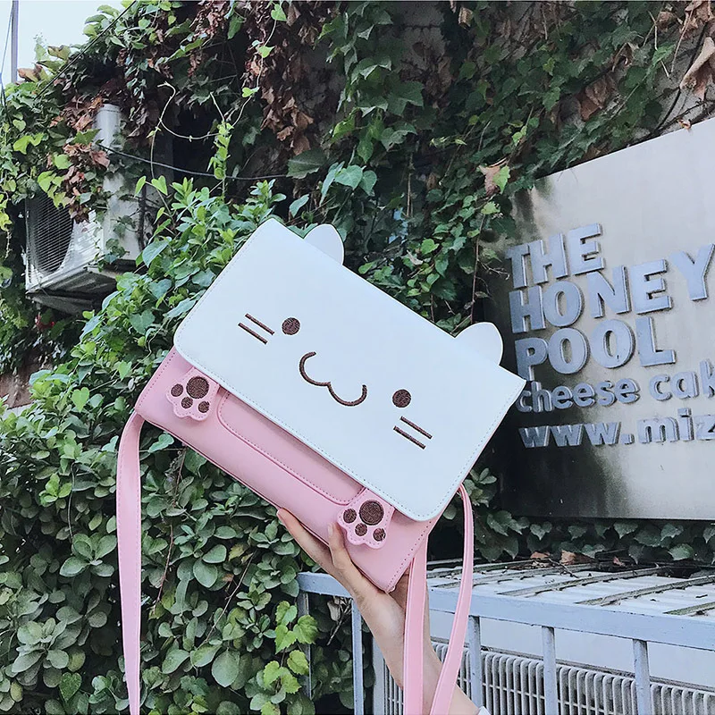 

MBTI Women Cute Cat Shoulder Bag Cartoon Kawaii Embroidery All-match Square Satchels Bag Pu Leather Japan Style Female Purse