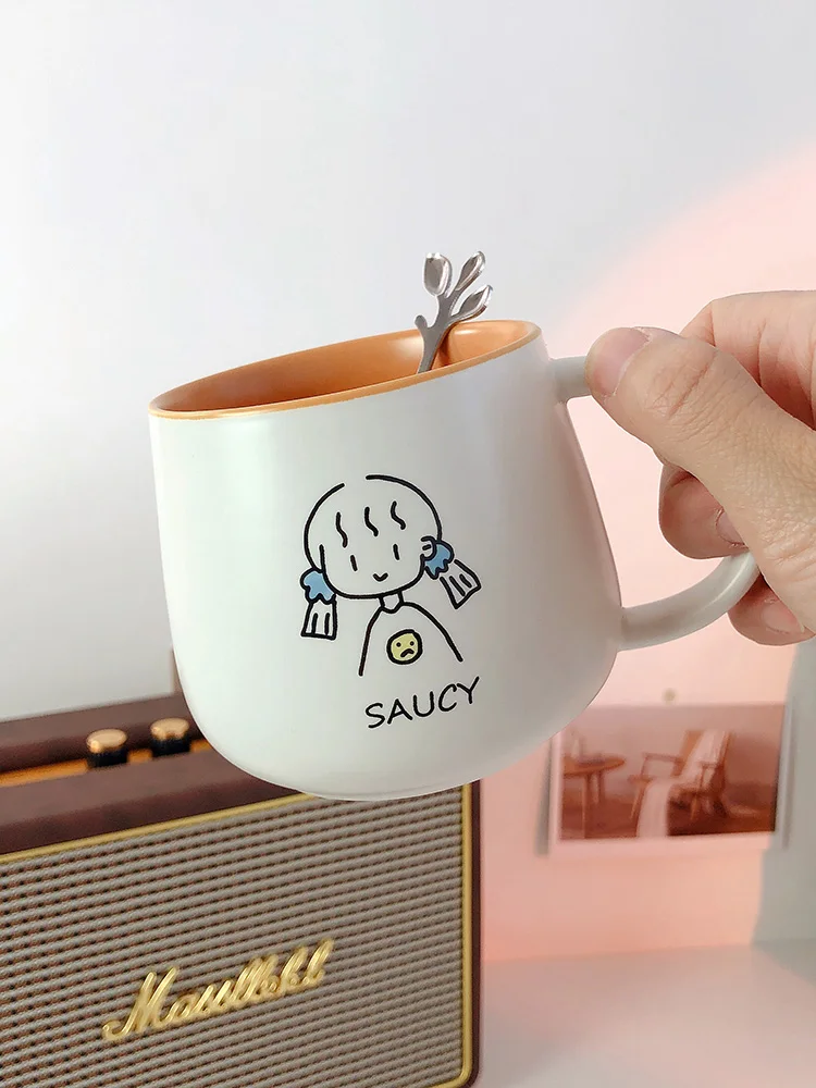 

350ml Mug With Lid Spoon Couple Water Cup Ceramic Style Female Coffee Household Breakfast Cute Cartoon Student Printing