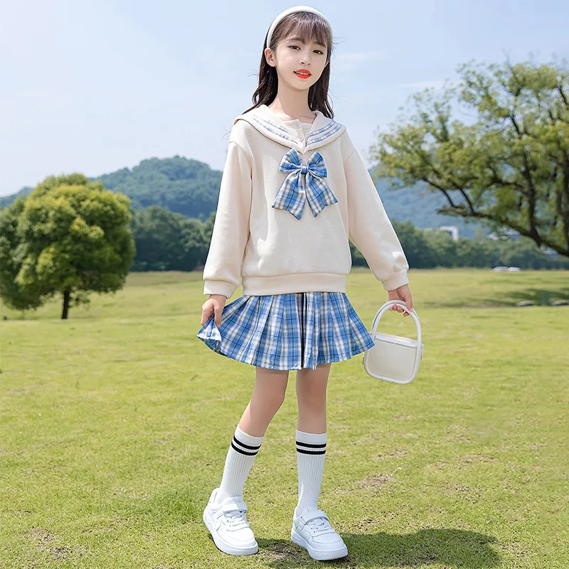 

Children Clothing Sets Girls Spring Fall Suit 2022 Cute Navy Style Bowknot Pullover + Plaid Skirt Set Casual Clothes Outfits