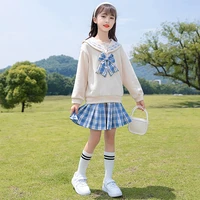 children clothing sets girls spring fall suit 2022 cute navy style bowknot pullover plaid skirt set casual clothes outfits