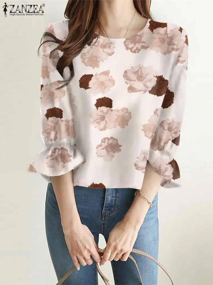 

2023 ZANZEA Elegant Casual Tops Fashion Bohemian Floral Printed Blouse O-Neck 3/4 Sleeve Summer Holiday Shirt Women Thin Chemise