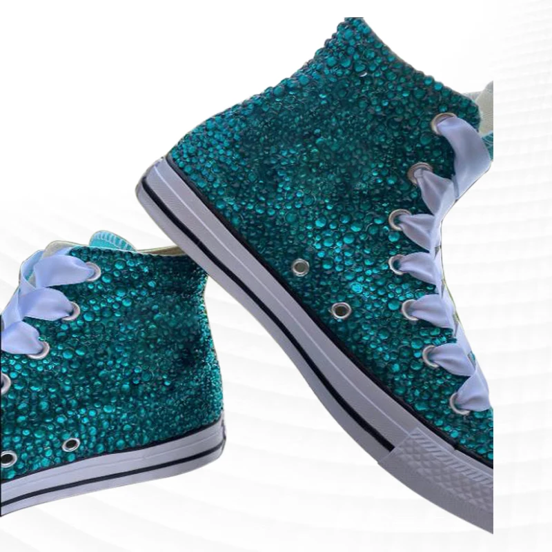 

Rhinestone high top classic handmade custom canvas shoes lace-up casual sports shoes men and women plus size 35-46