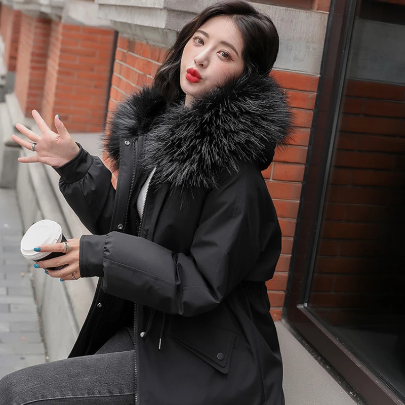 New Cotton Thickened Warm Parker Cotton Winter Jacket Coat Ladies Casual Long Korean Version Big Fur Collar Fur Lining Coat