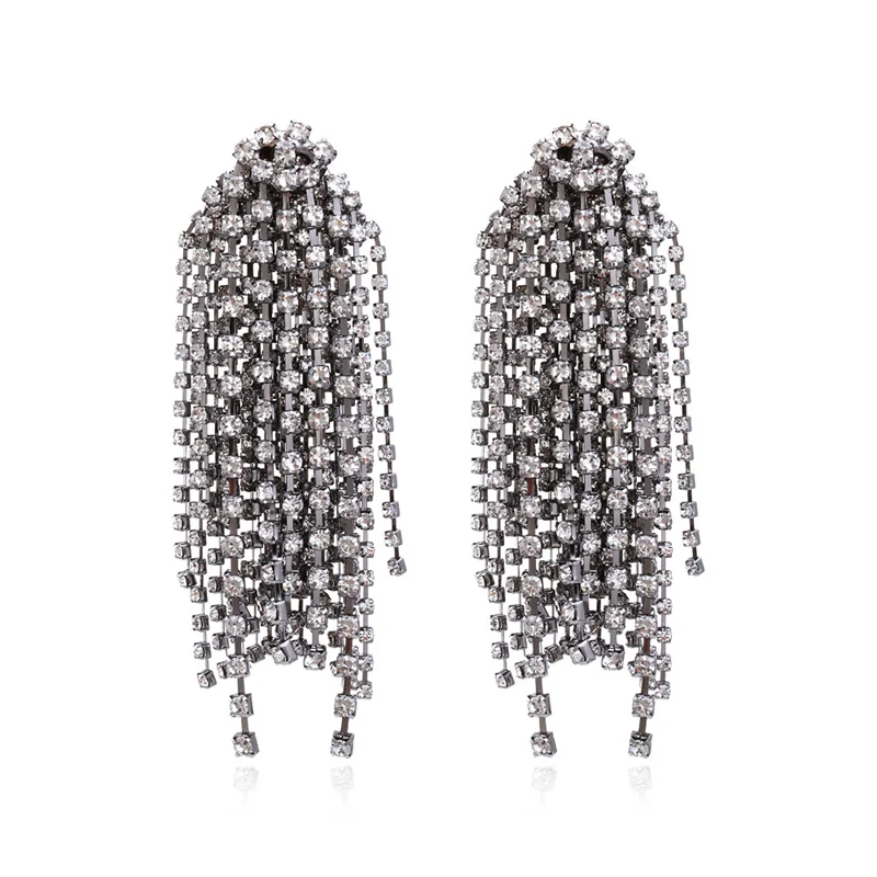 

2023 Trandy Long Tassel Rhinestone Drop Earrings for Women Ovsize Geometric Crystal Dangle Earrings Fashion Statement Jewelry