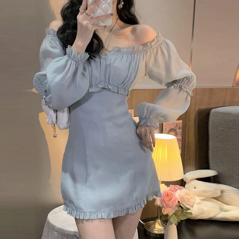 

Autumn Solid Elegant Dress Women Korean Princess High Waist Casual Sweet Dress Female Party Long Sleeve Mini Fairy Dress 2022