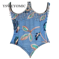tassel rhinestone embroidery denim vest tops sexy female gothic body sculpting bodysuit