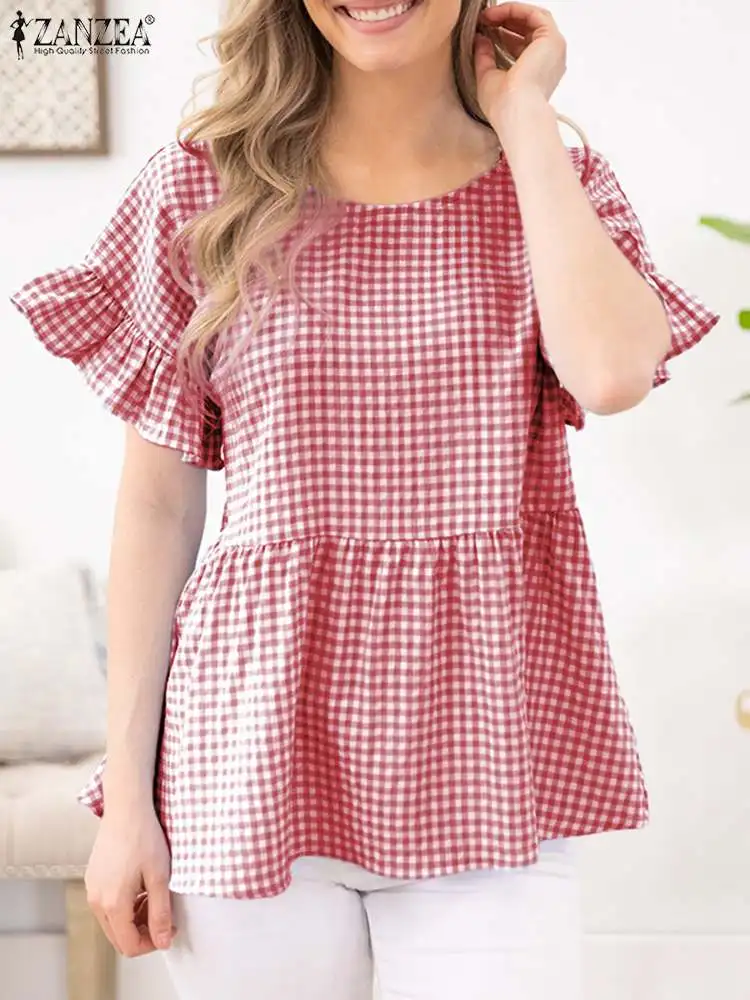 

ZANZEA O-Neck Short Sleeve Grid Printed Tops Tee Summer Plaid Check Women's Blouse Bohemian Elegant Holiday Fashion Loose Shirt