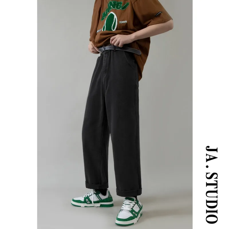 Blue/Black Jeans Men Fashion Cotton Casual Wide Leg Plaid Jeans Men Streetwear Loose Hip Hop Straight Denim Pants Mens Trousers