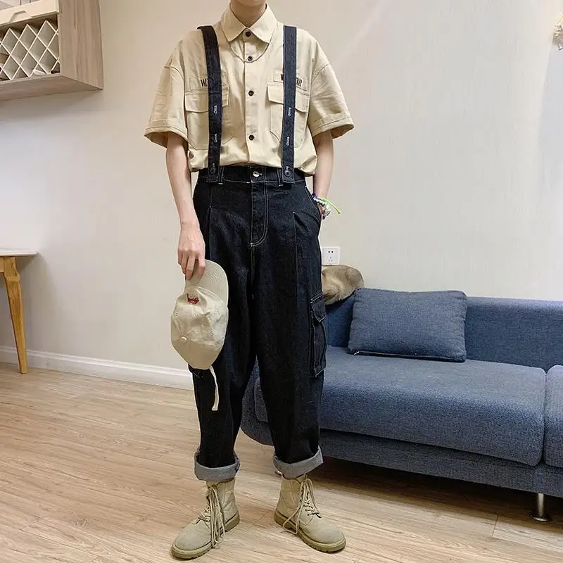 Erkek Denim tulum yaz günlük kot moda düz renk pantolon cep kargo pantolon Vintage Harajuku erkek giyim büyük boy