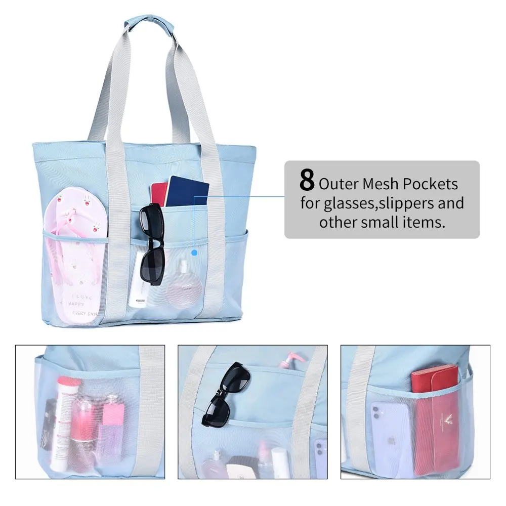 Mesh Beach Bag  Women Large Lightweight Waterproof Sandproof Beach Tote Bags with 8 Side Pockets  Gym Beach Travel Shopping Picn