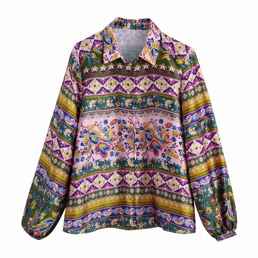 

New Blouse 2022 Spring Fashion Women Clothing Vintage Printed Tops Long Sleeve Female Loose Satin Shirt