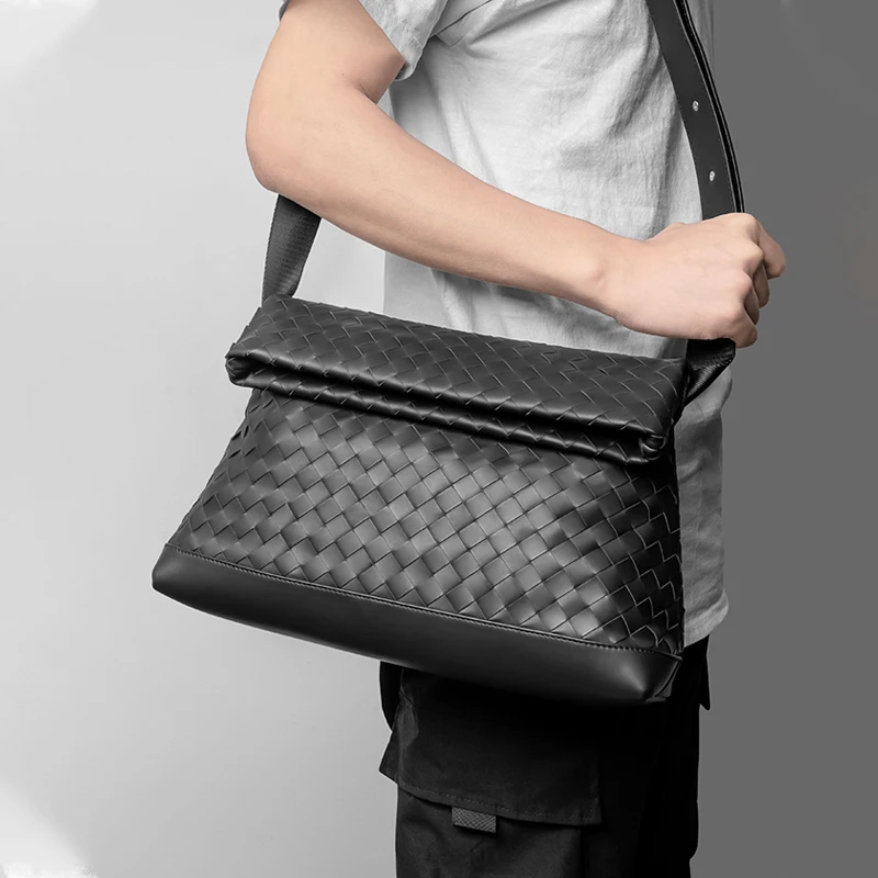 Weaving Casual Fashion Men's Large Capacity Leather Messenger Shoulder Bag Folding Cap Business Briefcase Luxury Design