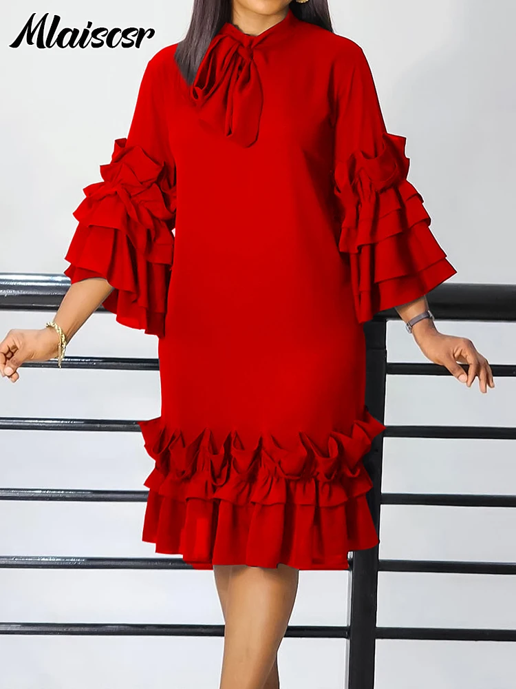 Mlaiscsr новое прямое зеленое платье средней длины с воротником-бабочкой и оборками