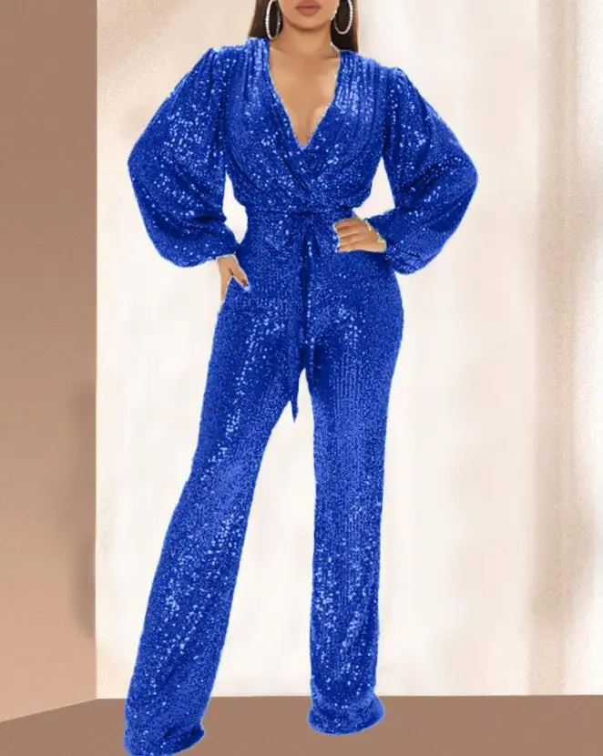 

Lantern Sleeve Sequin Jumpsuit with Belt Polyester Plain Night Out Party Chic Jumpsuits for Women Fashion