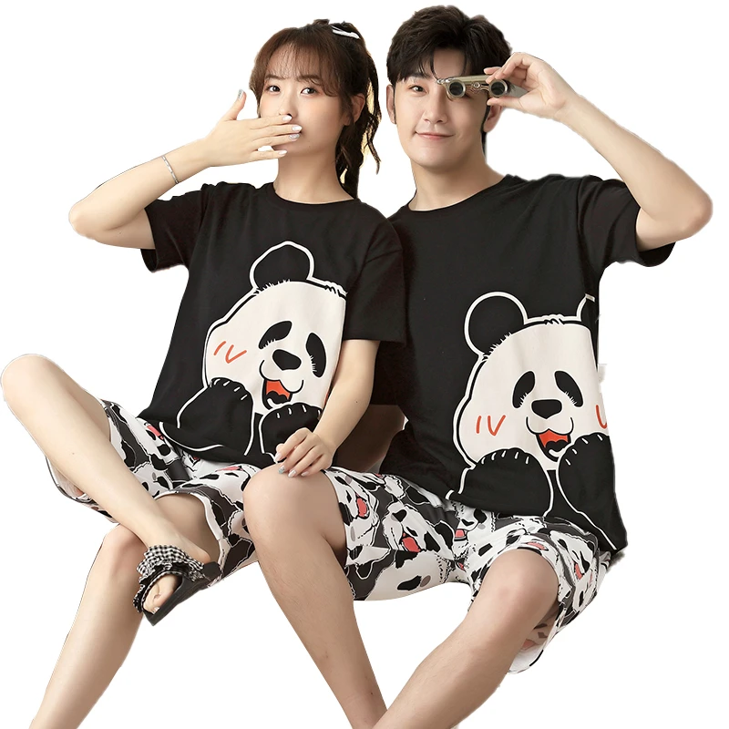 5XL Cartoon Panda Couple Pajamas Sets Women Pijama Cotton Korean Men Sleepwear Short Sleeve Lovers Night-Clothes 2PCS Nightwear