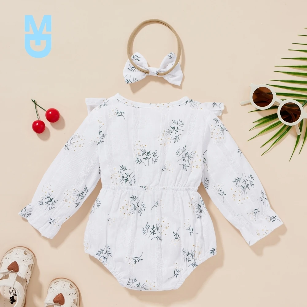 

New 2PCS Autumn Toddler Kids Baby Girl Cute Floral Print Clothes Flower Jumpsuit Long Sleeve Bodysuit Sunsuit Outfits Headband
