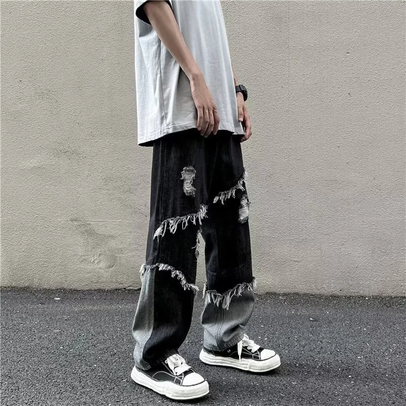 Black Baggy Jeans Men Fashion Casual Ripped Straight Jeans Men Japanese Streetwear Hip Hop Loose Hole Denim Pants Mens Trousers