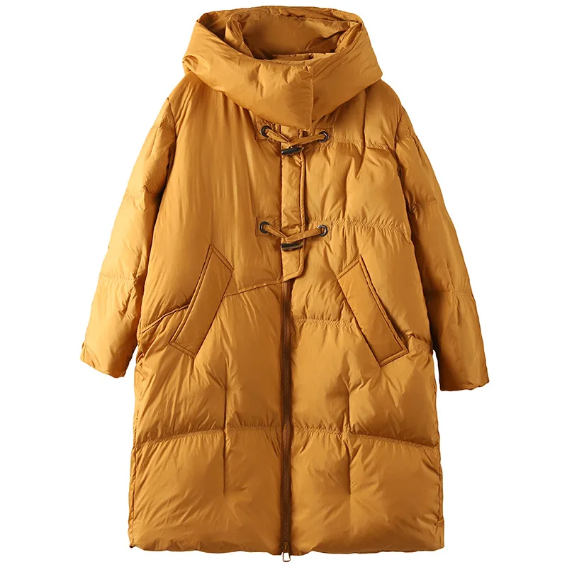 2022 New Down Jacket Women Fashion All-match Hooded Solid Color Warm Warm Mid-length White Duck Down Jacket