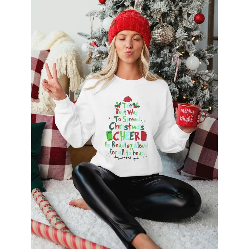 Рождественская женская спортивная рубашка с длинными рукавами круглым вырезом и