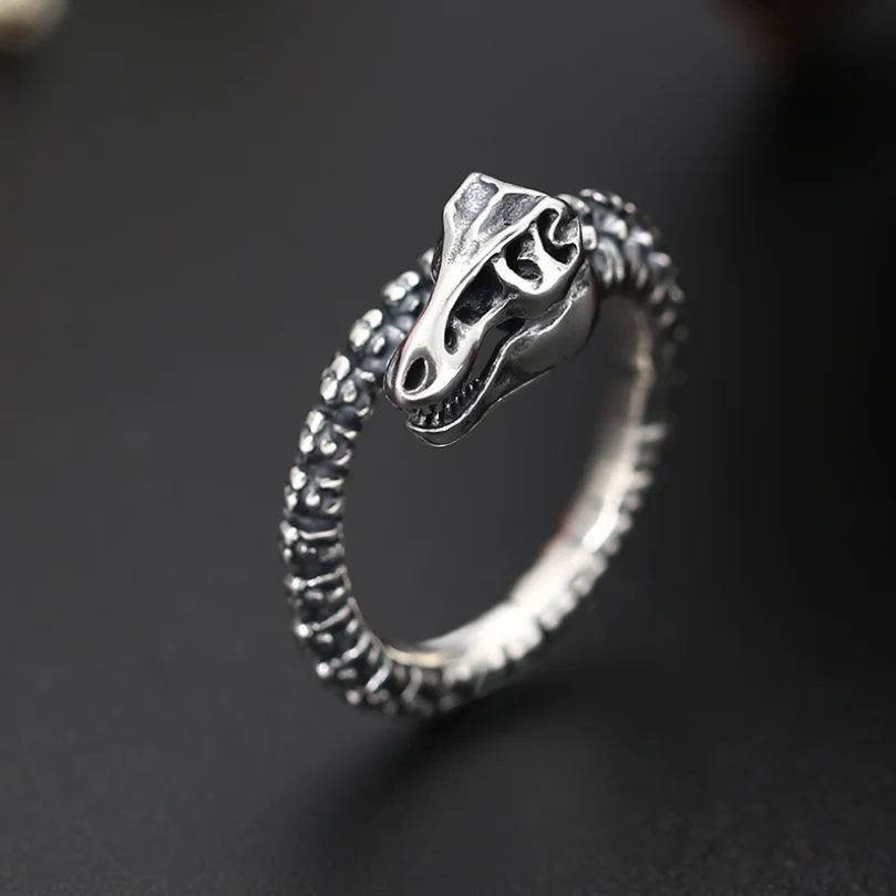 

S925 Sterling Silver Dinosaur Skeleton Open Ring Men Women Real Silver Creative Punk Personality Big Resizable Ring Jewelry