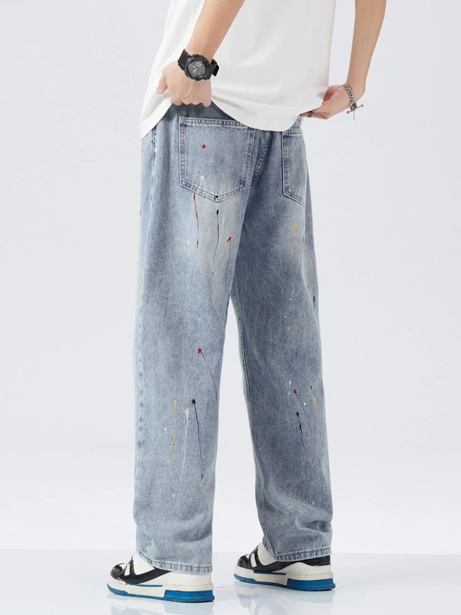 Four Seasons Men's Jeans High Street Loose Straight Ink Splash Trend Wide Leg Pants Streetwear Men Ins Hot Sale Y2k Men’s Jeans