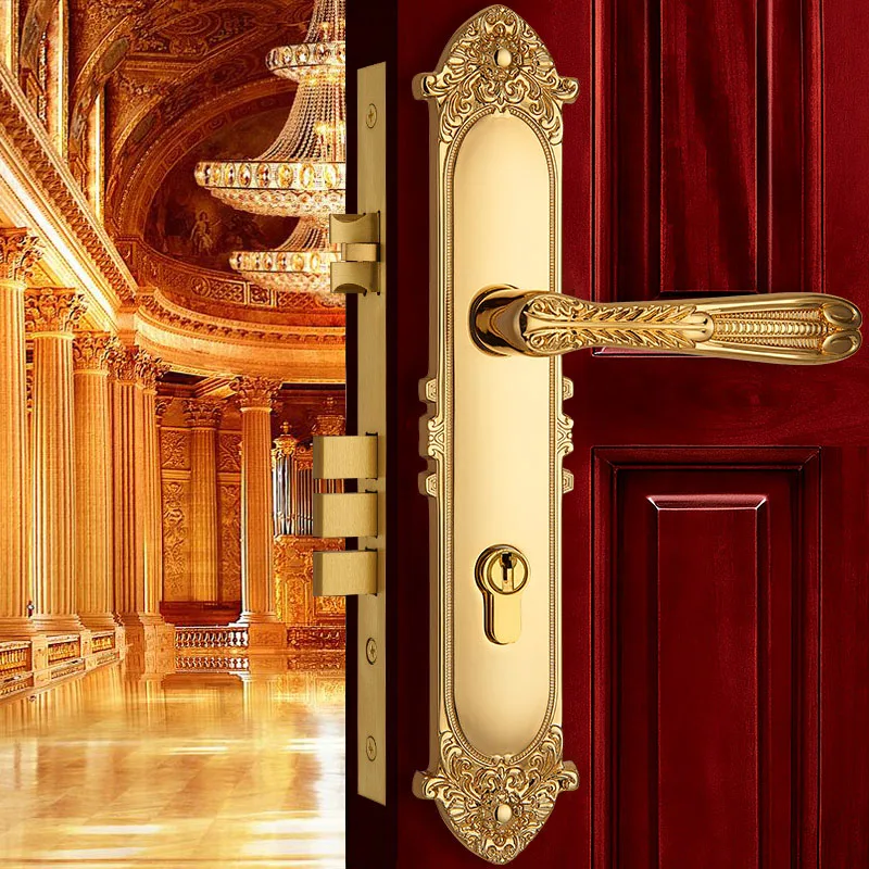 

Europen Brass Door Lock Villa Entrance Gate Locks Golden Wood Door Handle Lockset Rose Golden Front Door Security Locksets