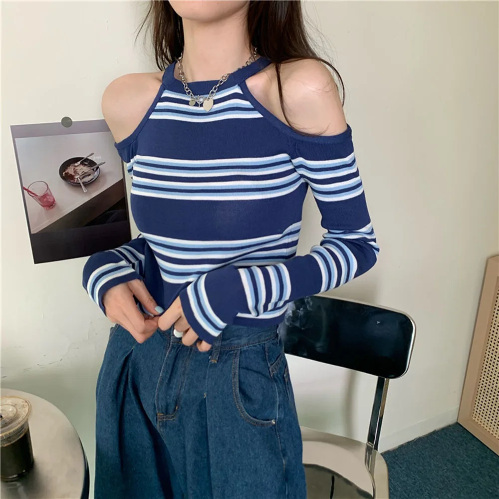 

Woman Sweaters Striped Knitwear T-shirt Women's Season 2022 off-the-Shoulder Top Femme Chandails Pull Hiver Knitted Sweaters