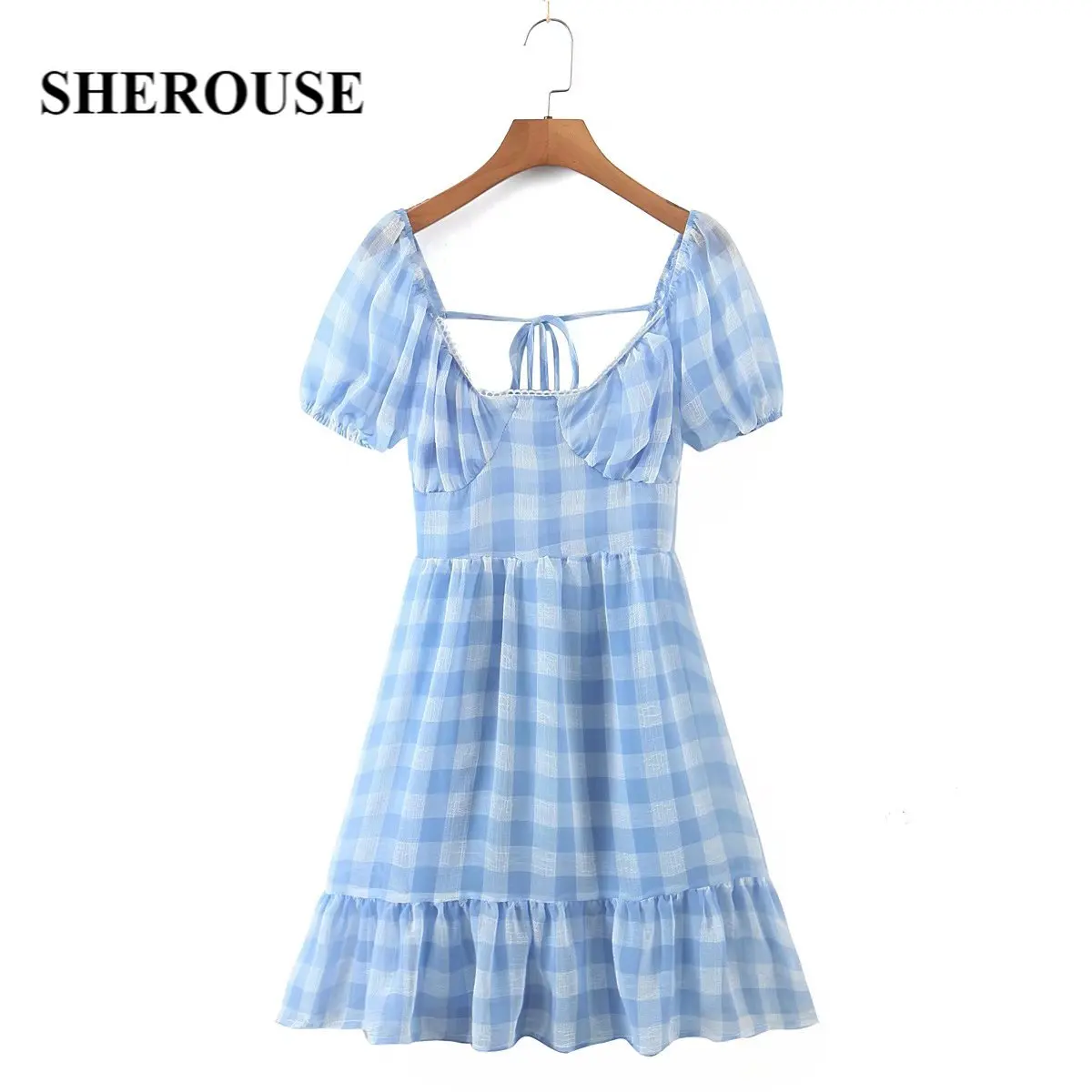 

Женское платье с открытой спиной Sherouse, винтажное мини-платье с v-образным вырезом и коротким пышным рукавом