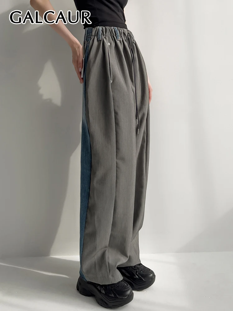 

GALCAUR Patchwork Denim Long Trousers Female Clothing Loose Waist Hit Color Ruched Wide Leg Pants For Women Fashion Vintage 2022