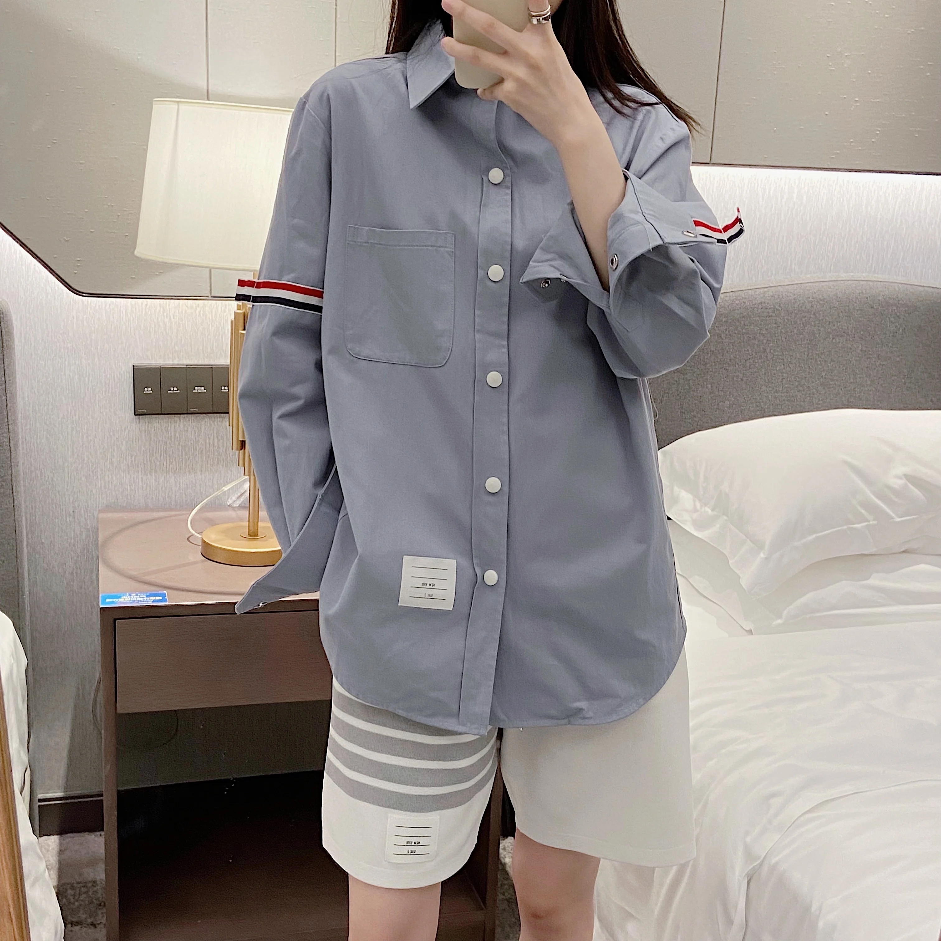 Korean Style TB High-quality Fashionable Pure Cotton Shirt for Men and Women Lovers Double Armband Casual Loose Top Coat